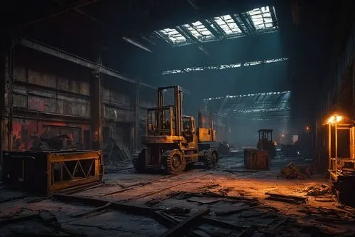 Industrial factory, abandoned building, broken windows, rusty machinery, concrete floor, metal beams, pipes on ceiling, dim red lighting, smoke effects, foggy atmosphere, destroyed walls, rubble scatt