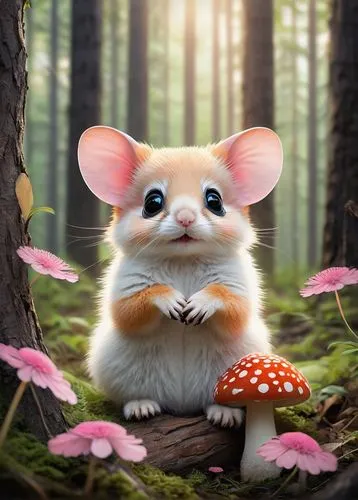 dormouse,forest animal,field mouse,wood mouse,cute animal,meadow jumping mouse,mouse lemur,cute cartoon character,grasshopper mouse,whimsical animals,white footed mouse,mouse bacon,forest background,cute animals,mouse,mice,woodland animals,blossom kitten,animals play dress-up,musical rodent,Art,Artistic Painting,Artistic Painting 43