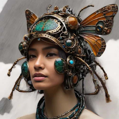 steampunk,headpiece,fantasy art,headdress,fantasy portrait,steampunk gears,faery,adornments,faerie,vanessa (butterfly),indian headdress,feather headdress,the enchantress,the hat of the woman,tiger lily,dryad,boho art,kokoshnik,shaman,artificial hair integrations