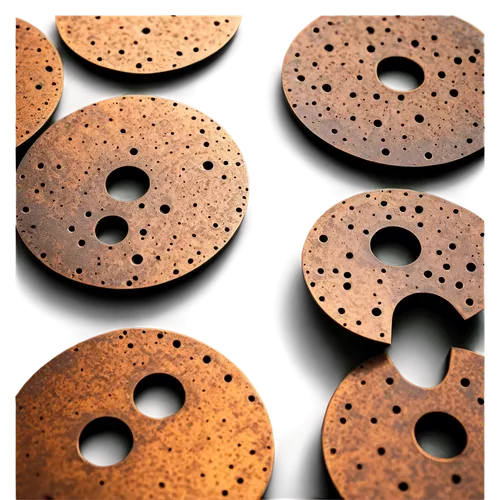 Circular holes, various sizes, metallic material, rusty texture, scattered on surface, dramatic shading, high contrast, 3/4 composition, shallow depth of field, warm color tone, cinematic lighting.,ro