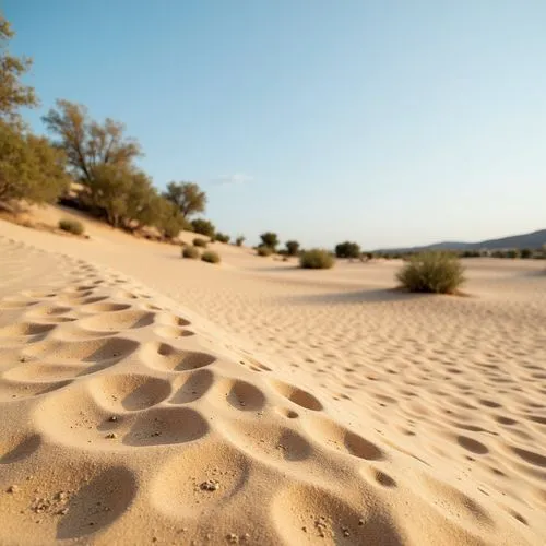 Warm beige sand, coarse granular texture, natural earthy tone, desert landscape, sandy dunes, cactus plants, hot sunny day, clear blue sky, vast open space, organic natural forms, intricate patterns, 