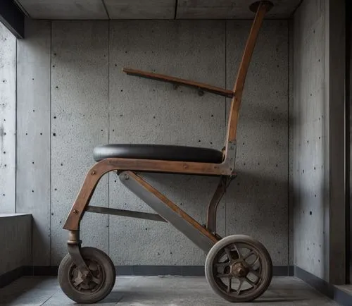 Brutalist Interior Design,a old style wheel chair sits in the corner of a concrete building,hand truck,luggage cart,jeanneret,wooden cart,industrial design,stepladder,Photography,General,Realistic