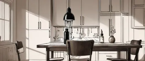 kitchen,dining room,tearoom,kitchens,the kitchen,dining table,kitchen table,breakfast room,pantry,scullery,kitchen interior,interiors,kitchenette,an apartment,study room,victorian kitchen,coffee shop,lamplight,dark cabinetry,big kitchen,Illustration,Black and White,Black and White 34