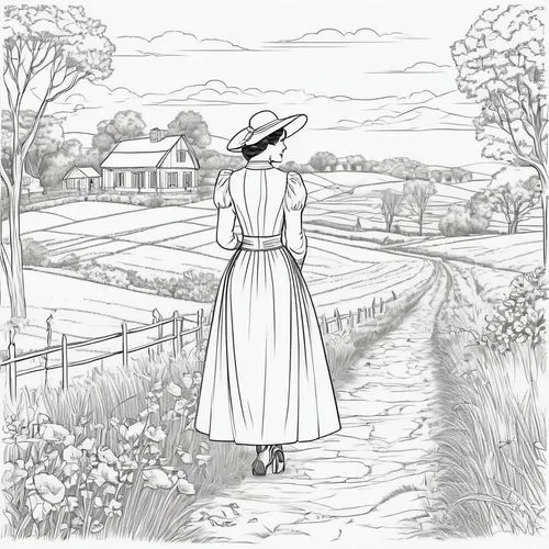 homesteader,avonlea,woman walking,country dress,casterbridge,mennonites,Illustration,Black and White,Black and White 04