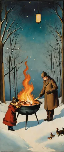 Compose a romantic poem about a cozy winter night by the brazier.,campfire,outdoor cooking,campfires,feuerzangenbowle,portable stove,romantic dinner,fireside,modern christmas card,winter service,night