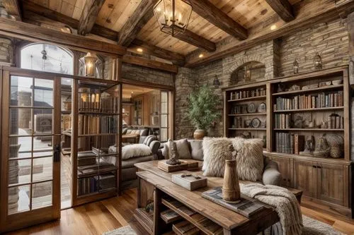 wooden beams,bookshelves,great room,log home,luxury home interior,log cabin,loft,beautiful home,family room,rustic,interior design,brownstone,living room,new england style house,the cabin in the mountains,breakfast room,livingroom,book wall,home interior,reading room,Interior Design,Living room,Farmhouse,American Rustic Retreat