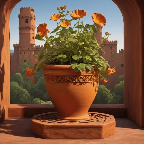 Create a suspenseful scene involving a hidden treasure in a terracotta flower pot.,terracotta flower pot,garden pot,flower pot,flowerpot,wooden flower pot,golden pot,potted flowers,pot marigold,flower