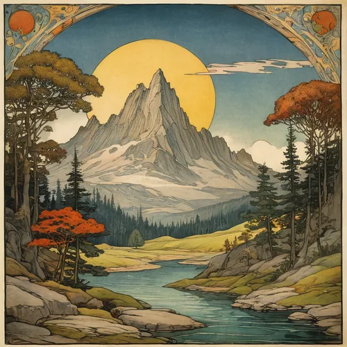 mountain scene,mountain landscape,autumn mountains,cool woodblock images,mountainous landscape,the landscape of the mountains,salt meadow landscape,fall landscape,mountainous landforms,autumn landscape,the spirit of the mountains,mount scenery,schrecksee,alpine pastures,cascade mountain,mountain ranges,mountain sunrise,mountain range,alpine region,mountains,Illustration,Retro,Retro 19