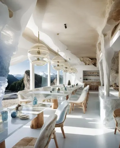 Modern Cafe Design Layout: The seating arrangement and dimensions in the main visual will be applied exactly as they are. The concept in the reference visual, transparent glacier mountain themed table