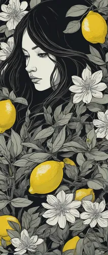 Create a mysterious story revolving around a lemon flower.,sunflower lace background,yellow petals,girl in flowers,star magnolia,scattered flowers,yellow garden,fallen petals,yellow daisies,wood anemo