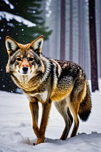 Coyote (Canis latrans) hunting in the snow in Yosemite Valley, Yosemite National Park, California, United States of America - 1116-48546,south american gray fox,vulpes vulpes,red wolf,fox hunting,redf