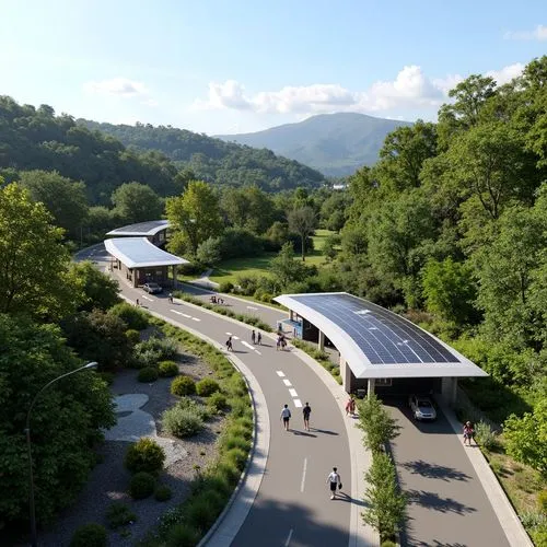 \Scenic highway, rolling hills, lush greenery, modern charging stations, sleek metallic design, curved lines, solar panels, energy-efficient systems, futuristic architecture, urban planning, pedestria