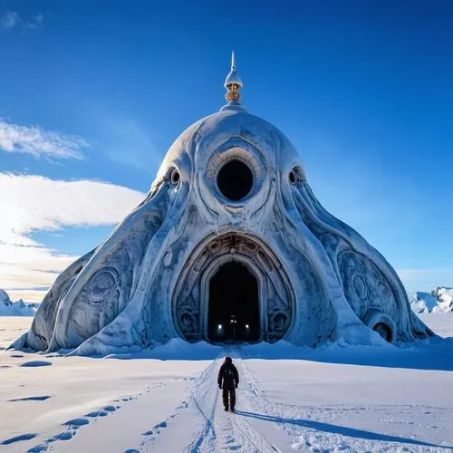 Un temple extraterrestre trouvé dans les glaces de l'Antarctique par une mission scientifique. Le scientifique est habillé chaudement et est surpris de l'architecture. ,a very unusual building in the 