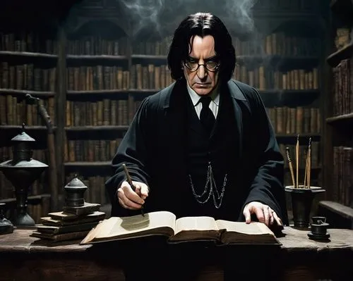 Professor Snape, middle-aged man, slender build, black suit, white shirt, black tie, messy black hair, glasses, sinister eyes, holding a wand, standing in a Hogwarts classroom, dimly lit, wooden table