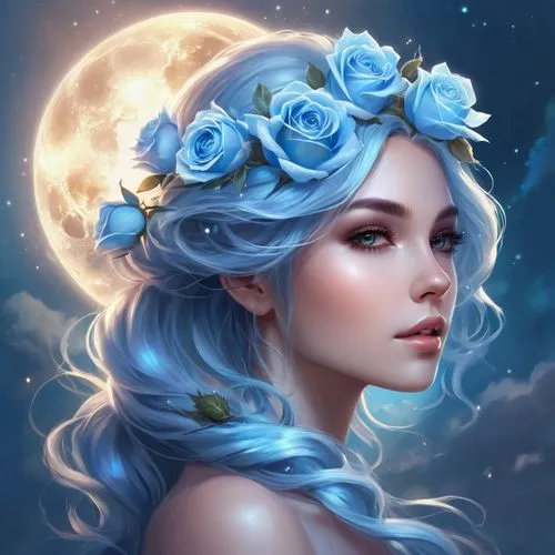 blue moon rose,fantasy portrait,blue rose,moonflower,blue hydrangea,blue enchantress,mystical portrait of a girl,zodiac sign libra,fantasy art,sky rose,romantic portrait,beach moonflower,blue moon,fantasy picture,rose flower illustration,white rose snow queen,blue petals,blue flower,jasmine blue,romantic rose,Illustration,Realistic Fantasy,Realistic Fantasy 01