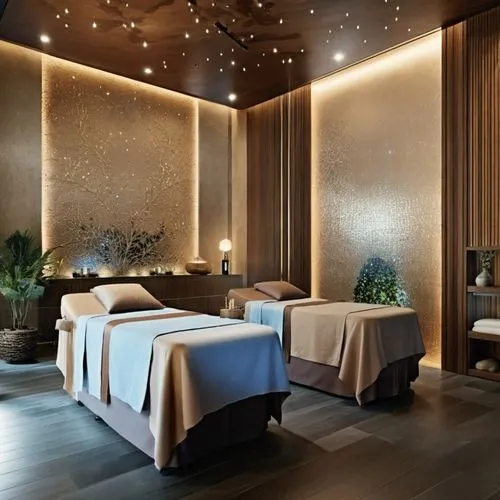 Massage room two tables for massage style luxury relaxation and meditation. Natural shades of caramel, warm sand, cinnamon, dark chocolate. Everything for relaxation meditation. On the wall is a beaut