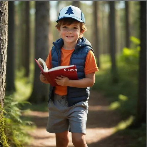 Young boy in gray shorts in the woods in sunshine ,a boy walks through the woods with his book,orienteering,orienteer,orienteers,perleberg,happy children playing in the forest,apraxia