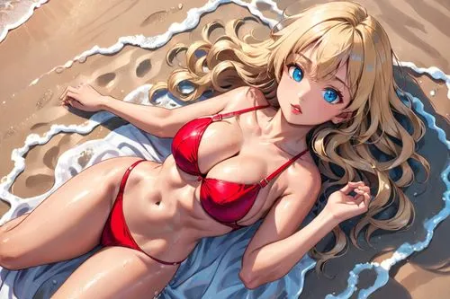 adult woman lying on sand. hands groping breasts 
photographed from above.
sensual facial expressions.
on a beach, hot and moist weather. large breasts. red skimpy bikini,
long blonde wavy hair, blue 