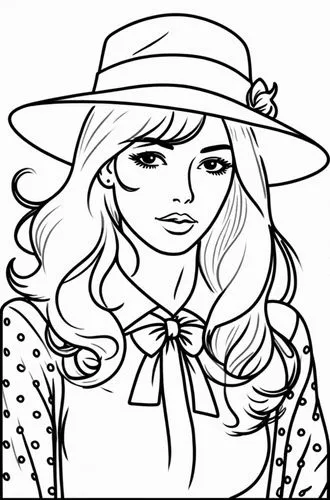 a girl wearing a hat with a bow in her hair,coloring page,fashion vector,straw hat,coloring pages kids,coloring pages,comic halftone woman,Design Sketch,Design Sketch,Rough Outline