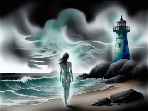 electric lighthouse,fathom,bioluminescent,lighthouse,phare,lighthouses,Illustration,Paper based,Paper Based 30