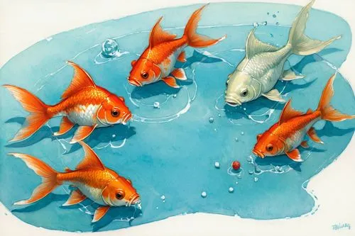 school of fish,fish in water,koi carps,koi pond,goldfish,fishes,Illustration,Paper based,Paper Based 17