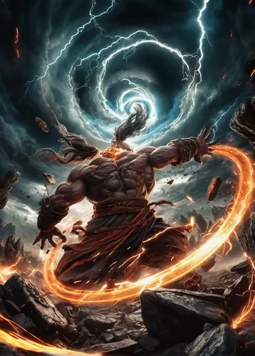 nine-tailed,strom,god of thunder,pillar of fire,flame spirit,maelstrom,zeus,burning earth,dancing flames,fire background,magus,force of nature,dragon fire,whirlwind,solomon's plume,shaper,human torch,fantasy art,sōjutsu,wind warrior,Conceptual Art,Fantasy,Fantasy 26