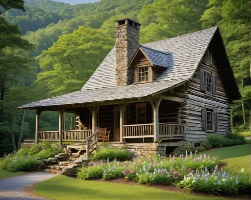 Rustic wooden cabin, North Carolina Blue Ridge Mountains, traditional American country style, steeply pitched gabled roof, wide covered porch, stone chimney, wooden rocking chairs, lush greenery surro