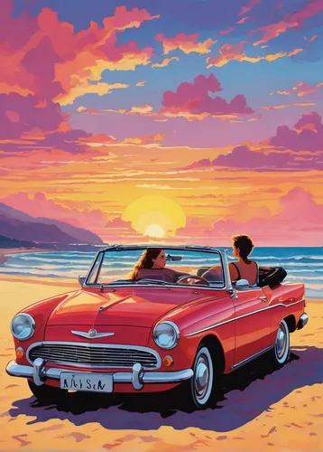 sunbeam alpine,sunbeam tiger,retro automobile,austin-healey sprite,retro car,honda s600,volvo p1800,convertible,ford thunderbird,muscle car cartoon,honda s500,aronde,nissan figaro,classic car and palm trees,karmann ghia,bobby-car,lotus cortina,cabriolet,sunset beach,beach landscape,Conceptual Art,Oil color,Oil Color 19