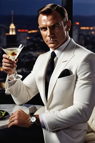 vodka martini,james bond,daniel craig,classic cocktail,bond,corpse reviver,martini glass,martini,cocktail,black businessman,champagne cocktail,vesper,tom collins,cocktails,las vegas entertainer,spy-glass,white-collar worker,frank sinatra,concierge,bacardi cocktail,Illustration,Realistic Fantasy,Realistic Fantasy 10