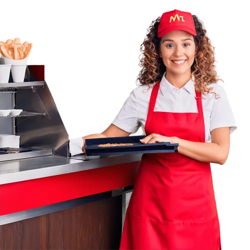 McDonald's staff, young woman, indoors, restaurant interior, standing behind counter, red uniform, yellow hat, bright smile, detailed eyes, curly brown hair, minimal makeup, white apron, holding tray,