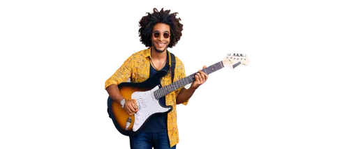 Reggae musician, Afro hairstyle, colorful Rastafarian clothing, gold chain necklace, holding guitar, relaxed posture, smiling face, dim studio lighting, warm color tone, 3/4 composition, shallow depth