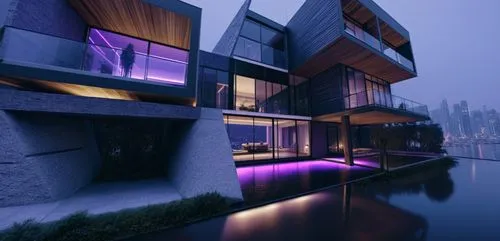 people, perspective street view of A black and white concrete modern mansion in a city, with purple lights, city skyline, misty weather, night time, realistic photography, perspective, wide angle shot