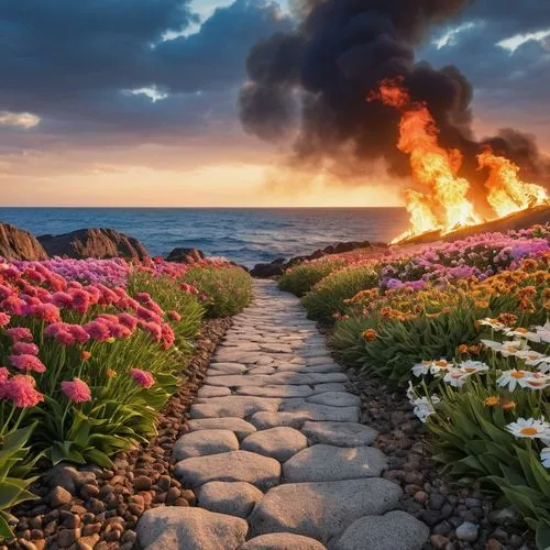 pancake rocks,firewalking,sea of flowers,burned pier,jeju island,cape marguerites,Photography,General,Realistic