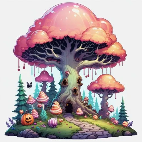 mushroom landscape,mushroom island,tree mushroom,cloud mushroom,forest mushroom,mushroom type,Illustration,Abstract Fantasy,Abstract Fantasy 11