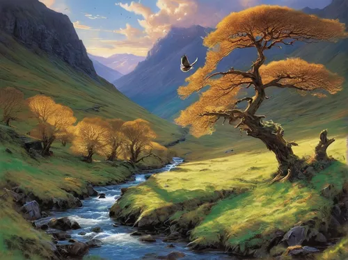 larch tree,larch trees,celtic tree,mountain landscape,fantasy landscape,mountain scene,larch forests,rowan-tree,lone tree,autumn landscape,autumn mountains,mountain pasture,scottish highlands,nature landscape,rowan tree,landscape background,brook landscape,mountainous landscape,river landscape,meadow landscape,Illustration,Realistic Fantasy,Realistic Fantasy 02