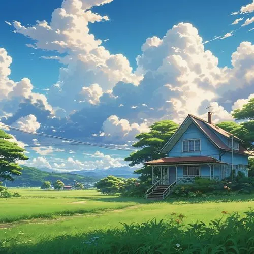 landscape background,studio ghibli,home landscape,ghibli,meadow landscape,lonely house,sylvania,yazaki,summer cottage,idyllic,roof landscape,windows wallpaper,clannad,grassfields,violet evergarden,little house,miyazaki,summer meadow,countryside,springtime background,Photography,General,Realistic