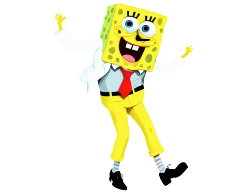 SpongeBob SquarePants, yellow skin, porous body, bright blue eyes, enthusiastic facial expression, iconic square pants, white shirt, red tie, optimistic gesture, jumping pose, close-up shot, soft focu