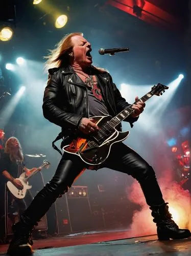 Rock concert, night scene, Las Vegas, Sin City, AC/DC, lead singer, Axl Rose, microphone, black leather jacket, tight pants, boots, guitar, amplifier, spotlight, stage smoke, energetic crowd, mosh pit