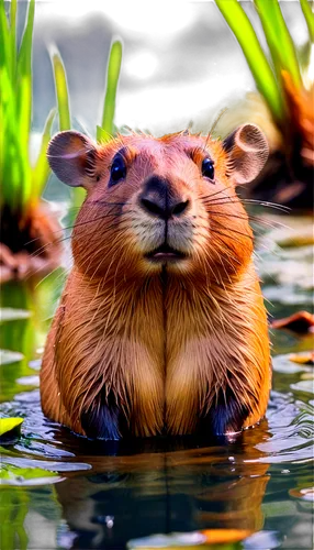 Capybara, semi-aquatic, rodent, large ears, whiskers, brown fur, wet eyes, swimming pose, water ripples, aquatic plants, shallow water, natural light, 3/4 composition, soft focus, warm color tone.,coy