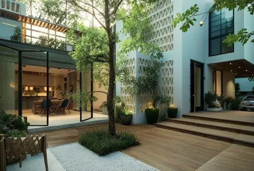 an outdoor living room and patio area with steps to the kitchen,landscape design sydney,garden design sydney,landscape designers sydney,interior modern design,landscaped,damac,3d rendering,andaz,satho