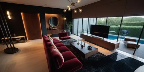 modern villa living room, minimalist, dark, larg window, reflective, pool out saite, high resolution, high quality, hd, post pro,a living room filled with furniture and a flat screen tv,luxury bathroo