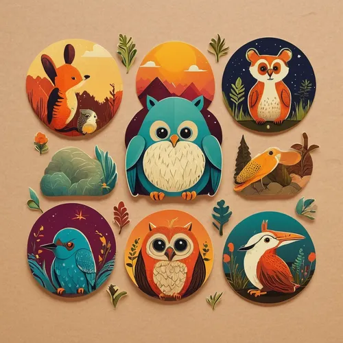 Design cute animal stickers with vibrant backgrounds for kids.,animal stickers,kawaii animal patches,animal icons,woodland animals,forest animals,fairy tale icons,whimsical animals,felt christmas icon