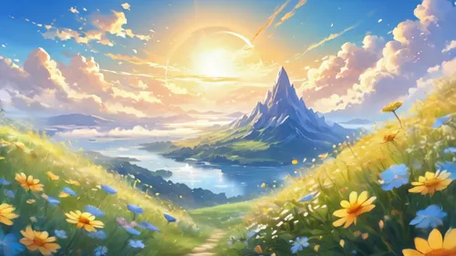 blooming field,springtime background,landscape background,spring background,sunburst background,sunflower field,flower field,mountain flower,dandelion meadow,dandelion field,fantasy landscape,mountain meadow,alfheim,field of flowers,spring sun,mountain world,meadow landscape,dandelion background,summer meadow,nature background,Illustration,Realistic Fantasy,Realistic Fantasy 01