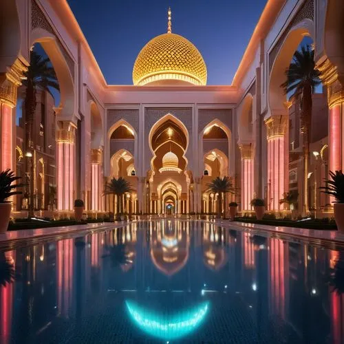 Riyadh palace, majestic building, intricately designed arches, golden domes, white marble columns, ornate Islamic patterns, grand entrance, red carpet, luxurious chandeliers, spacious high ceilings, b