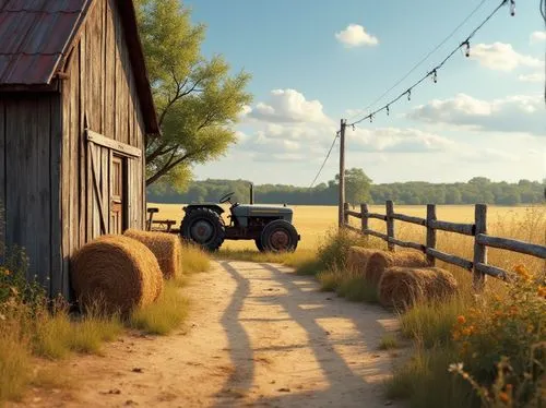 Rural venue, khaki color, earthy tone, natural scenery, wooden fence, rustic door, hay bales, wildflowers, vintage tractor, old pickup truck, rural landscape, sunny day, clear blue sky, few white clou