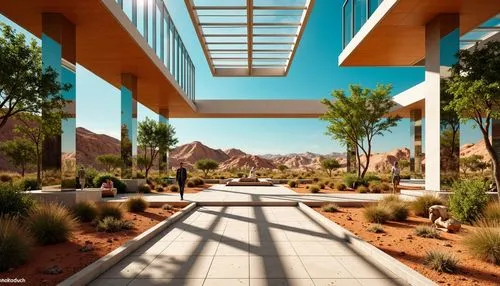 masdar,sketchup,3d rendering,virtual landscape,futuristic landscape,desert landscape,futuristic architecture,midcentury,breezeway,desert desert landscape,autodesk,walkway,school design,arcosanti,revit,skyways,render,landscapre desert safari,renderings,tuscon