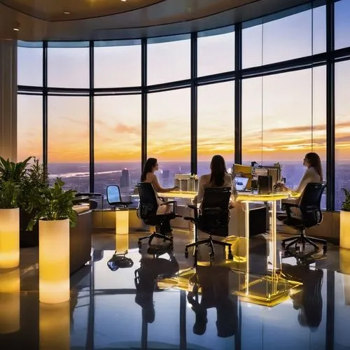 Modern skyscraper, Amy Reichert Architecture Design LLC logo, glass facade, steel frame, sleek lines, urban cityscape, evening time, warm yellow lighting, floor-to-ceiling windows, minimalist interior