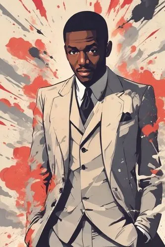 2D illustration of In mafia mens strong outlines, bold traces, high contrast, (professional vector), best quality, flat colors, flat lights, low levels, (powder explosion).,coltrane,trane,a black man 