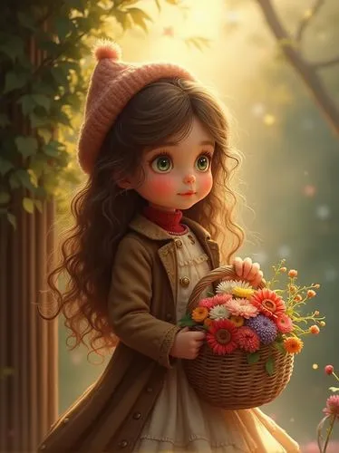 a tiny girl with long, curly brown hair and piercing green eyes gazes into the distance as she cradles a woven basket filled with colorful flowers. The sun shines down on her, casting a golden light o