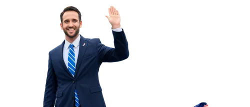 President, inauguration ceremony, formal wear, suit, tie, white shirt, American flag pin, confident smile, waving hand, podium, microphone, US Capitol building background, sunny day, warm light, shall